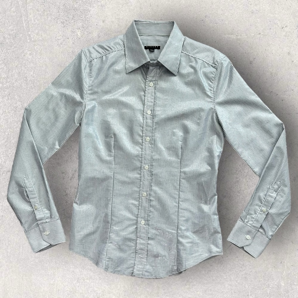 SISLEY Silver Gray Stripes Slim Fit Long Sleeve Button Up Shirt